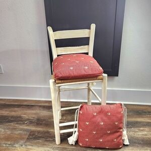 Two Vintage French Chicken Embroidered Extra Thick Chair Pad With Fringe